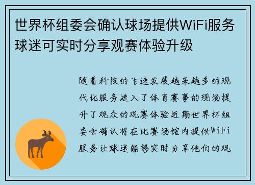 世界杯组委会确认球场提供WiFi服务球迷可实时分享观赛体验升级