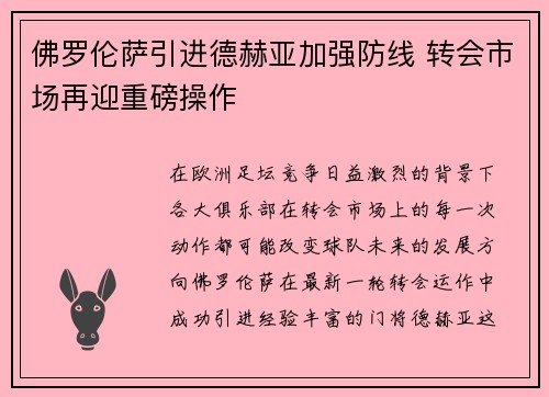 佛罗伦萨引进德赫亚加强防线 转会市场再迎重磅操作